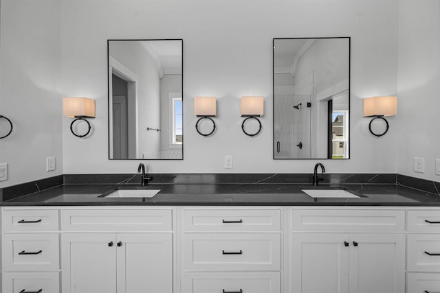 5937 Hunt Valley Dr, Spring Hill, TN 37174 - bathroom with double vanity, ornamental molding, and tiled shower