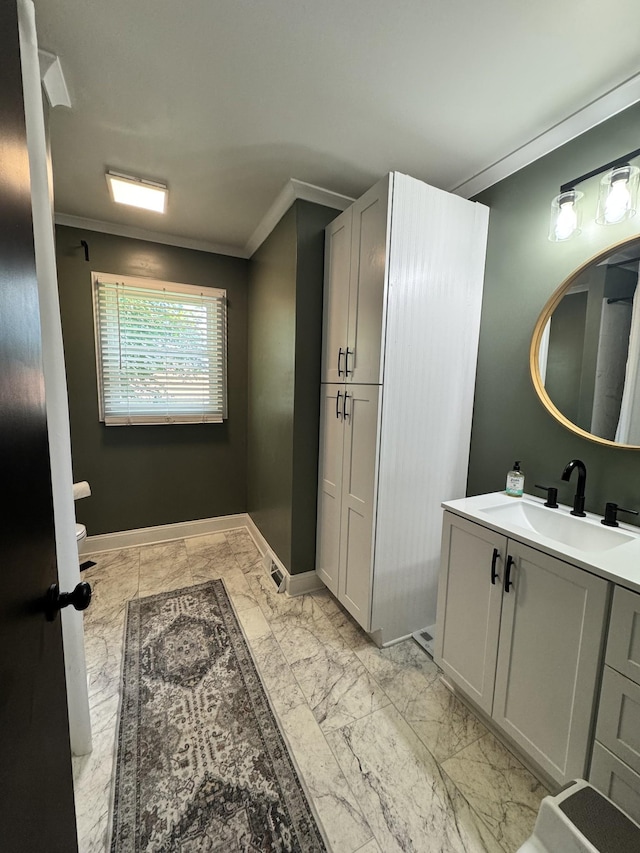 625 College Ave E, Carthage, TN 37030 - bathroom with crown molding, vanity, and marble look tile flooring