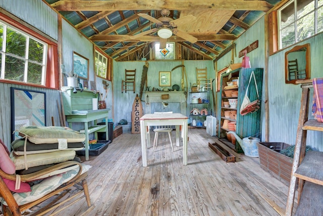 6861 Arno Allisona Rd, College Grove, TN 37046 - misc room featuring wood-type flooring, vaulted ceiling, ceiling fan, and wooden walls
