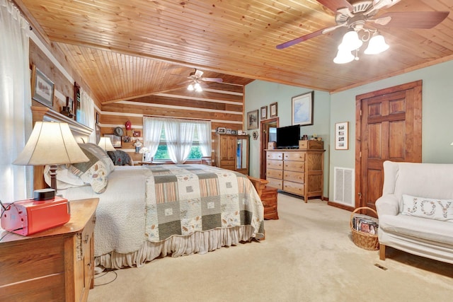 6861 Arno Allisona Rd, College Grove, TN 37046 - carpeted bedroom featuring vaulted ceiling, wooden ceiling, wooden walls, and ceiling fan