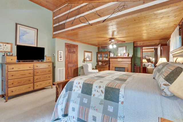 6861 Arno Allisona Rd, College Grove, TN 37046 - bedroom featuring wood ceiling, carpet flooring, and a fireplace