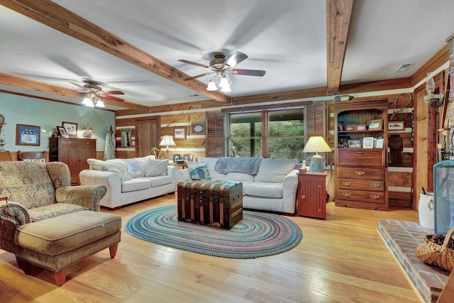 6861 Arno Allisona Rd, College Grove, TN 37046 - living area with wood finished floors, ceiling fan, beamed ceiling, and wooden walls