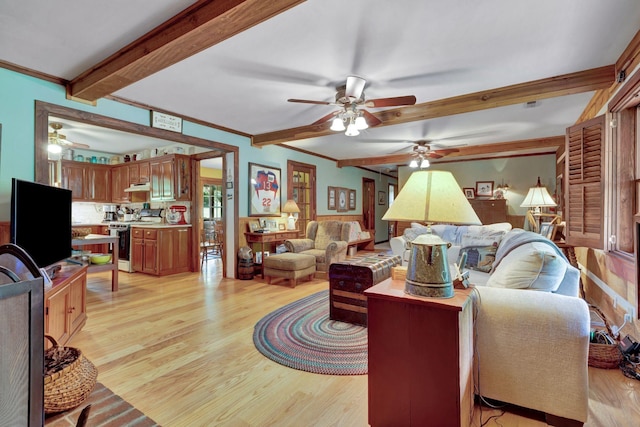6861 Arno Allisona Rd, College Grove, TN 37046 - living area featuring ceiling fan, light wood finished floors, beam ceiling, and crown molding