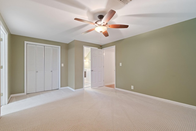 1111 Chickasaw Dr, Brentwood, TN 37027 - unfurnished bedroom featuring light carpet, a closet, ceiling fan, and connected bathroom