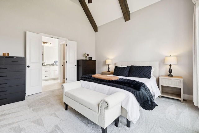 1037 Jackston Mack Way, Gallatin, TN 37066 - bedroom featuring light carpet, beam ceiling, high vaulted ceiling, and ensuite bath
