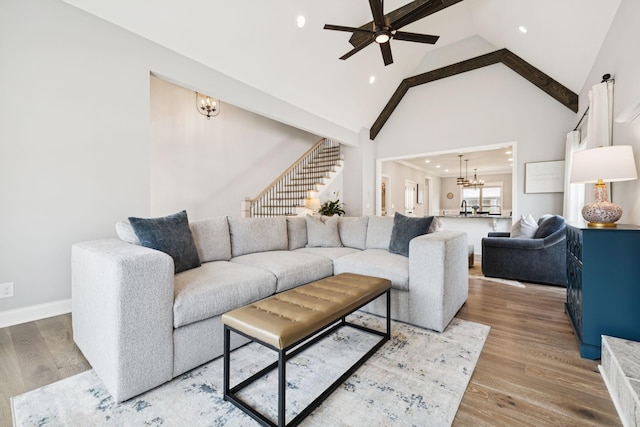 1037 Jackston Mack Way, Gallatin, TN 37066 - living room featuring a chandelier, high vaulted ceiling, stairs, recessed lighting, and a ceiling fan