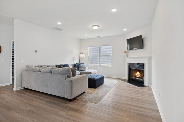 3276 Holiday Ln, Columbia, TN 38401 - living room featuring wood finished floors, a warm lit fireplace, and recessed lighting