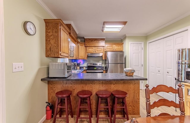 730 Carlew Rd, Waynesboro, TN 38485 - kitchen with appliances with stainless steel finishes, a peninsula, light wood-type flooring, ornamental molding, and dark countertops