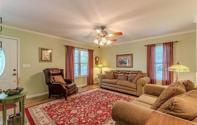 730 Carlew Rd, Waynesboro, TN 38485 - living room featuring wood finished floors, ornamental molding, and a ceiling fan