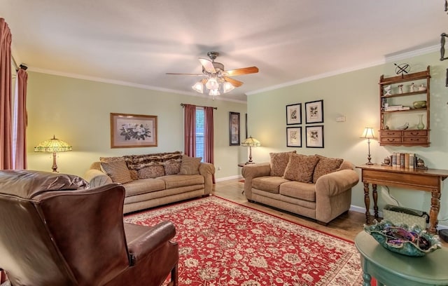730 Carlew Rd, Waynesboro, TN 38485 - living room with ceiling fan, wood finished floors, and ornamental molding