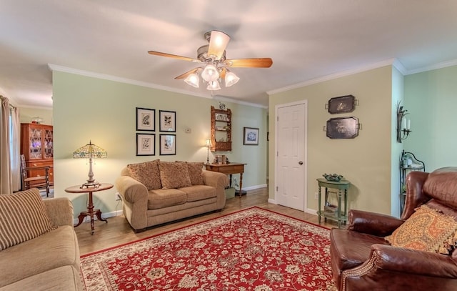 730 Carlew Rd, Waynesboro, TN 38485 - living room with ornamental molding, ceiling fan, and wood finished floors