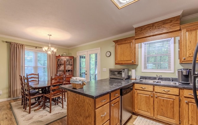 730 Carlew Rd, Waynesboro, TN 38485 - kitchen with stainless steel dishwasher, light wood-type flooring, a peninsula, plenty of natural light, and crown molding
