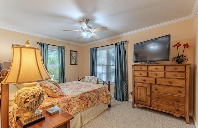 730 Carlew Rd, Waynesboro, TN 38485 - bedroom featuring light colored carpet, ornamental molding, and a ceiling fan