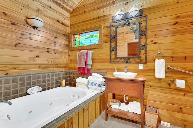 110 Village Way, Lancaster, TN 38569 - full bath featuring vanity, a jetted tub, and wooden walls