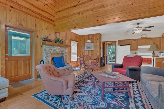 110 Village Way, Lancaster, TN 38569 - living area with wooden walls, light wood-style floors, ceiling fan, and a stone fireplace