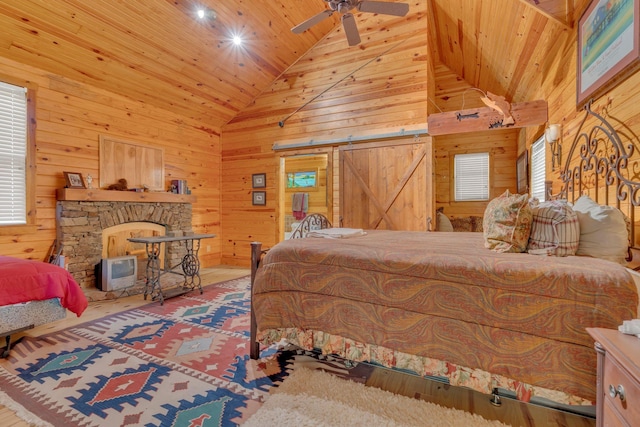 110 Village Way, Lancaster, TN 38569 - bedroom featuring wood walls, high vaulted ceiling, and wood ceiling