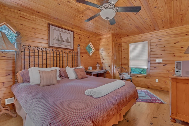 110 Village Way, Lancaster, TN 38569 - bedroom featuring light wood-type flooring, wood ceiling, wood walls, and a ceiling fan