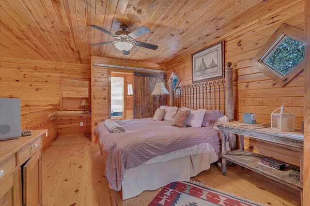 110 Village Way, Lancaster, TN 38569 - bedroom with wood ceiling, wood walls, light wood finished floors, a ceiling fan, and a skylight