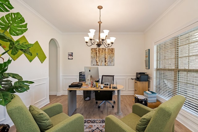 2018 Via Francesco Ct, Spring Hill, TN 37174 - office space with arched walkways, wood finished floors, crown molding, a chandelier, and a wainscoted wall