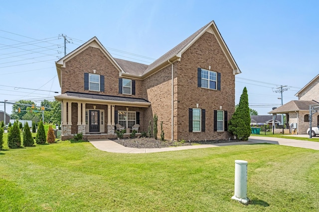 2018 Via Francesco Ct, Spring Hill, TN 37174 - view of front of house with a front yard, brick siding, and covered porch