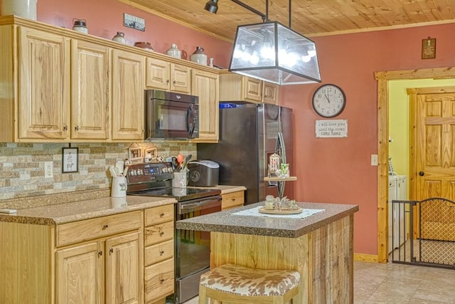 1034 Gaw Branch Rd, Gainesboro, TN 38562 - kitchen with black microwave, electric range, wooden ceiling, crown molding, and backsplash