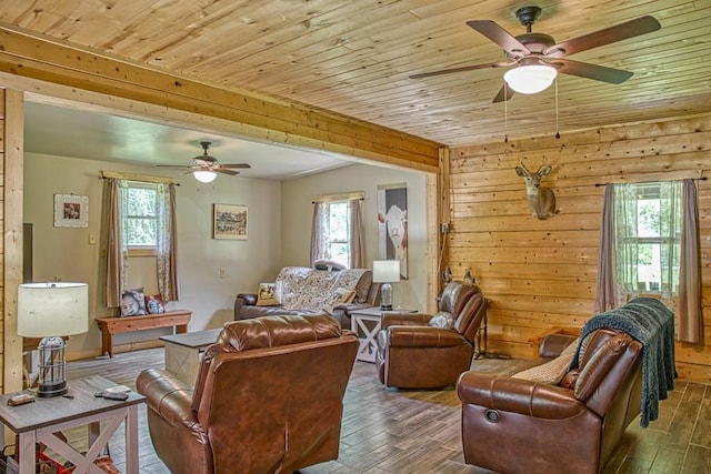 1034 Gaw Branch Rd, Gainesboro, TN 38562 - living room featuring a ceiling fan, wooden ceiling, hardwood / wood-style flooring, and wood walls