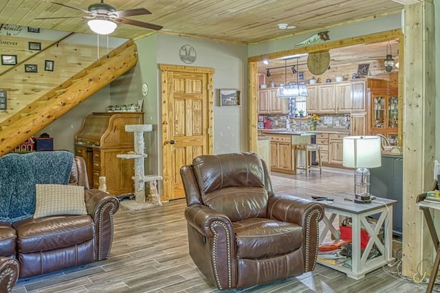 1034 Gaw Branch Rd, Gainesboro, TN 38562 - sitting room featuring light wood-style floors, ceiling fan, and wood ceiling
