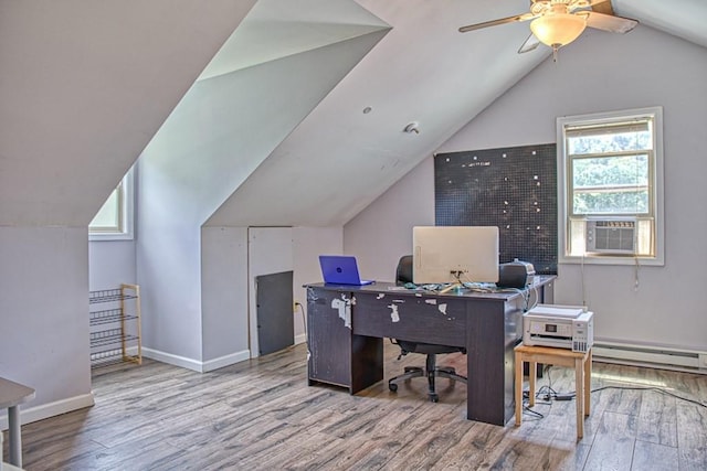 1034 Gaw Branch Rd, Gainesboro, TN 38562 - office space with baseboard heating, cooling unit, wood finished floors, vaulted ceiling, and a ceiling fan