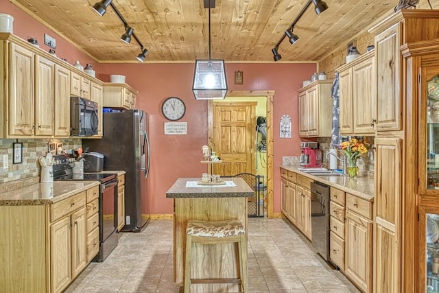 1034 Gaw Branch Rd, Gainesboro, TN 38562 - kitchen with rail lighting, stainless steel appliances, a kitchen island, wooden ceiling, and backsplash