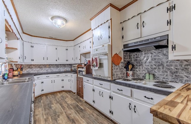 5011 Sunny Acres Dr, Waynesboro, TN 38485 - kitchen featuring under cabinet range hood, white appliances, a textured ceiling, decorative backsplash, and white cabinetry