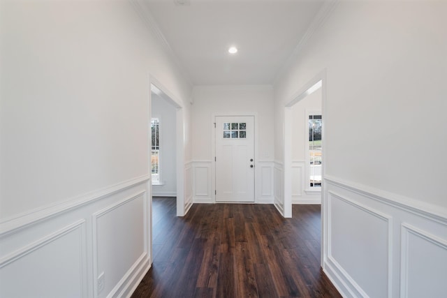 4016 Rampart Way, Spring Hill, TN 37174 - corridor featuring healthy amount of natural light, a decorative wall, crown molding, dark wood-style flooring, and wainscoting