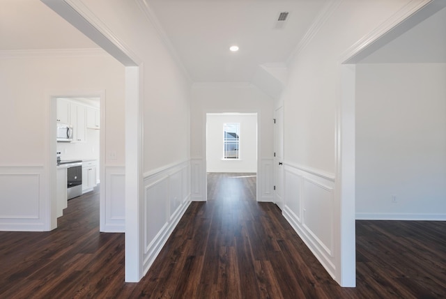 4016 Rampart Way, Spring Hill, TN 37174 - hallway with ornamental molding, a decorative wall, dark wood-type flooring, and a wainscoted wall