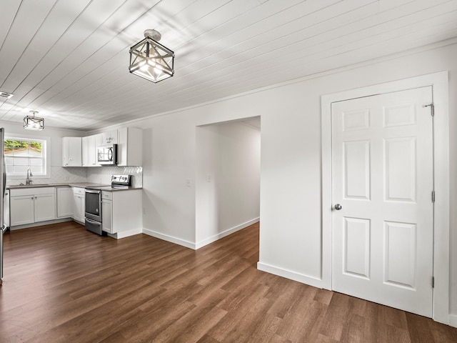227 Shady Grove Rd, Manchester, TN 37355 - kitchen with stainless steel appliances, dark wood-style flooring, white cabinets, decorative backsplash, and wooden ceiling