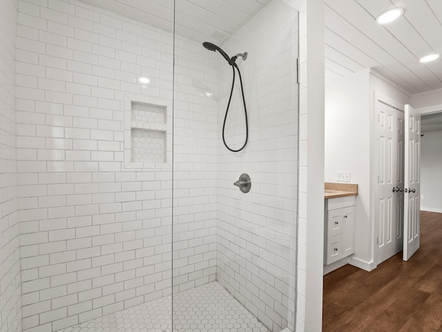 227 Shady Grove Rd, Manchester, TN 37355 - full bath featuring a shower stall, wood finished floors, vanity, and recessed lighting