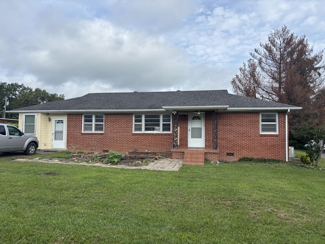 902 Mcarthur St, Manchester, TN 37355 - ranch-style home with brick siding, crawl space, a front yard, and a shingled roof