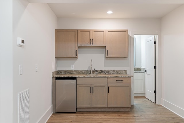 1135 Delmas Ave, Nashville, TN 37216 - kitchen featuring light wood-style flooring, stainless steel dishwasher, light stone countertops, fridge, and recessed lighting