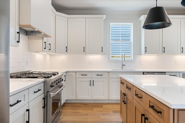 1135 Delmas Ave, Nashville, TN 37216 - kitchen with high end stainless steel range, light wood finished floors, premium range hood, backsplash, and crown molding