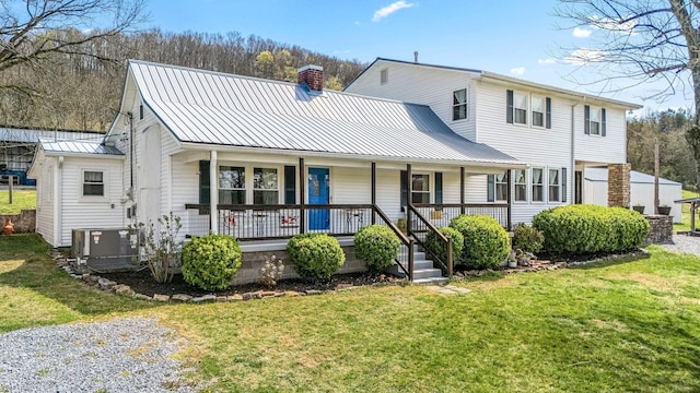 1036 Locke Creek Rd, Readyville, TN 37149 - view of front of house featuring covered porch, a front yard, a metal roof, and a chimney