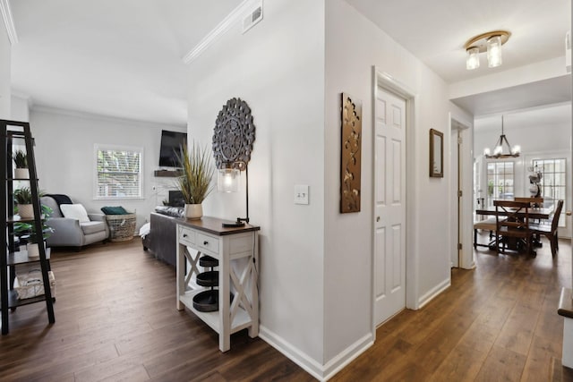 2016 Roderick Cir, Franklin, TN 37064 - corridor with a chandelier, dark wood-style floors, and ornamental molding