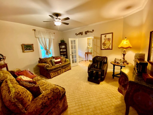 2214 Henpeck Ln, Franklin, TN 37064 - carpeted living room with a ceiling fan and crown molding