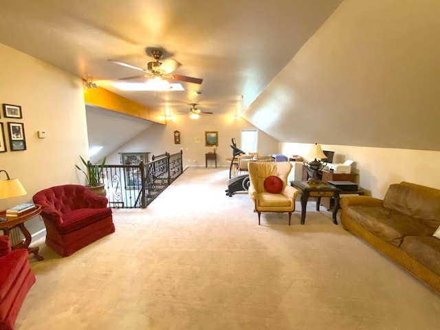 2214 Henpeck Ln, Franklin, TN 37064 - living area with vaulted ceiling, carpet, and a ceiling fan