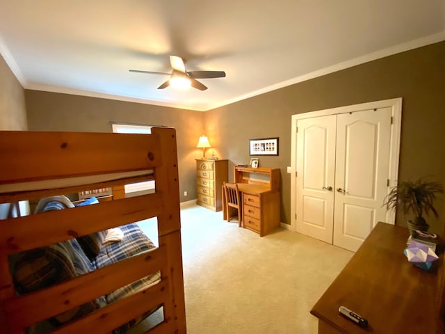 2214 Henpeck Ln, Franklin, TN 37064 - bedroom with crown molding, light colored carpet, a closet, and ceiling fan