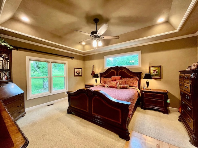 2214 Henpeck Ln, Franklin, TN 37064 - carpeted bedroom with a tray ceiling, multiple windows, crown molding, recessed lighting, and a ceiling fan