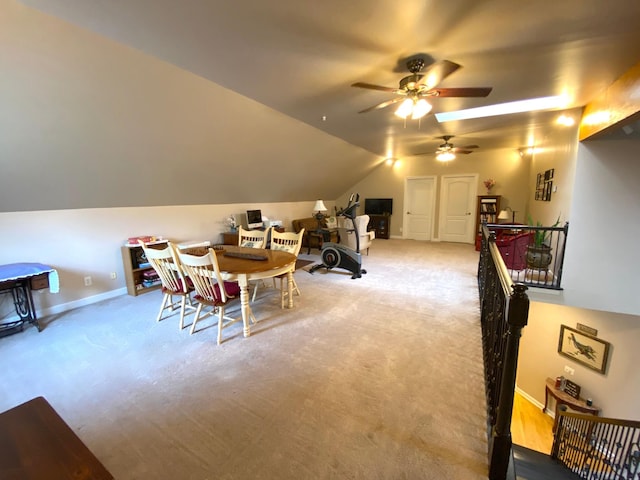 2214 Henpeck Ln, Franklin, TN 37064 - dining room featuring ceiling fan, vaulted ceiling, and carpet floors