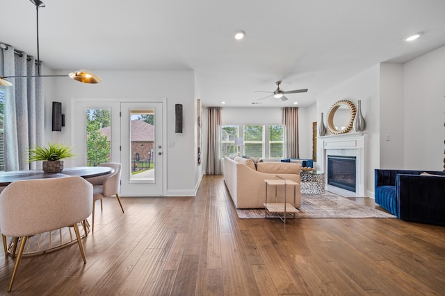 805 Dunbar Ct, Goodlettsville, TN 37072 - living area featuring a glass covered fireplace, ceiling fan, hardwood / wood-style floors, and recessed lighting