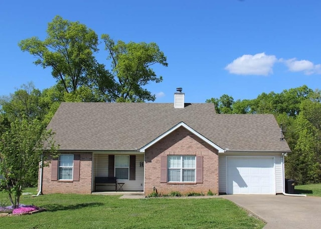 1302 Lyndsey Ridge Dr, La Vergne, TN 37086 - single story home featuring brick siding, an attached garage, a chimney, a front yard, and concrete driveway