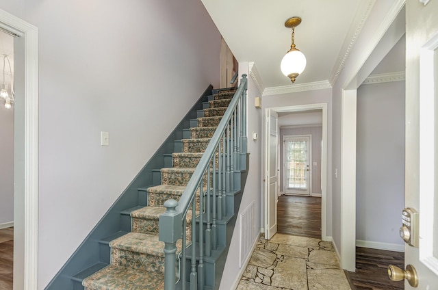 3516 Saxon Mist Ct, Nashville, TN 37217 - staircase featuring crown molding and baseboards