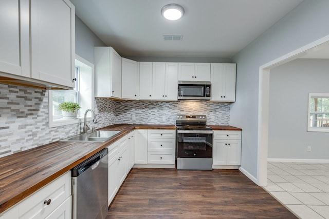 1689 Sumac Rd, Pulaski, TN 38478 - kitchen featuring butcher block countertops, stainless steel appliances, decorative backsplash, and white cabinetry