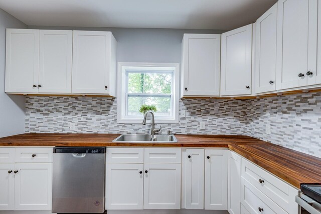 1689 Sumac Rd, Pulaski, TN 38478 - kitchen featuring stainless steel dishwasher, wood counters, decorative backsplash, and white cabinets