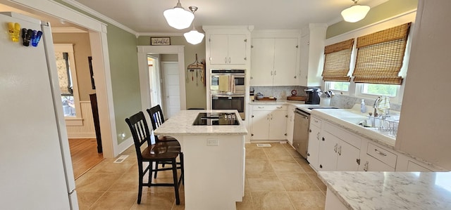 315 Seven Mile Ferry Rd, Cunningham, TN 37052 - kitchen with stainless steel appliances, crown molding, light tile patterned floors, white cabinetry, and decorative backsplash